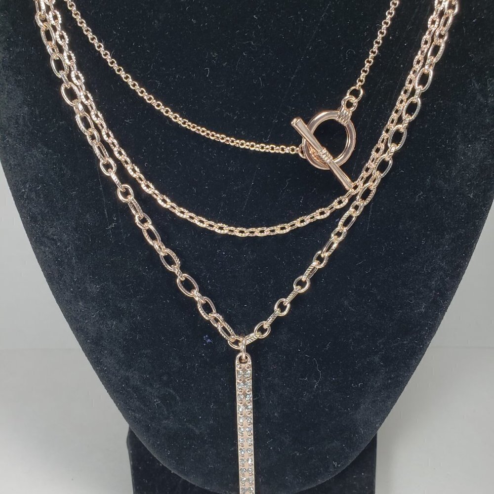 Multi Strand Rose Gold Tone 24 inches Crystal Vertical Bar Pendant Necklace - Picture 8 of 11